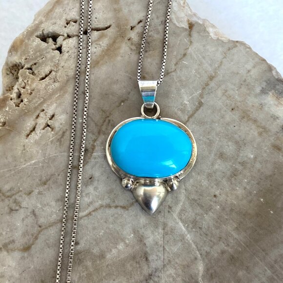 VTG Sterling Silver 925 Taxco Mexico Turquoise Cabochon Pendant Necklace 18" - Picture 1 of 16